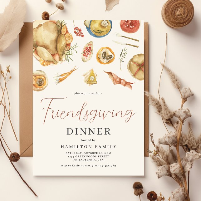 Vatercolor Autumn Fall Turkey Friendsgiving Middag Inbjudningar (Skapare uppladdad)