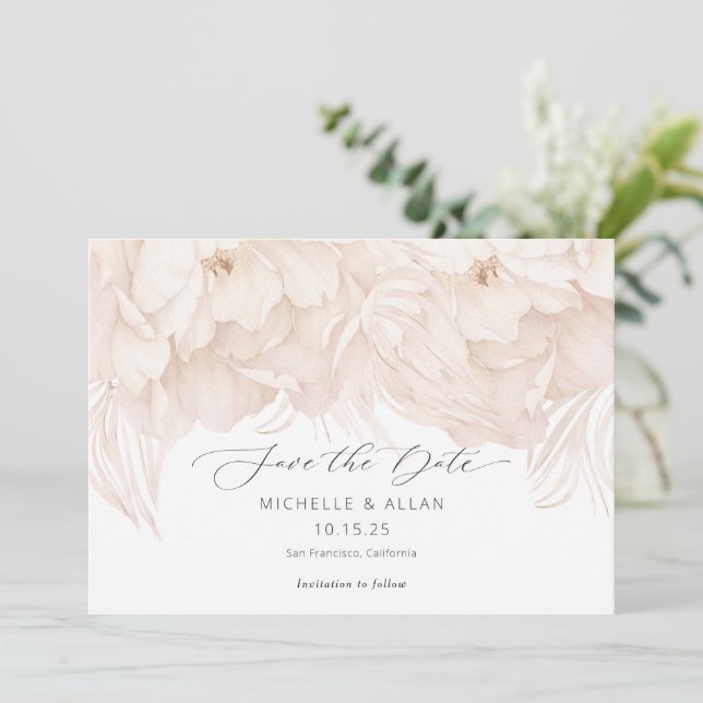 Vatercolor beige peony-elegant trädgårdsbröllop spara datumet (Stående Fram)