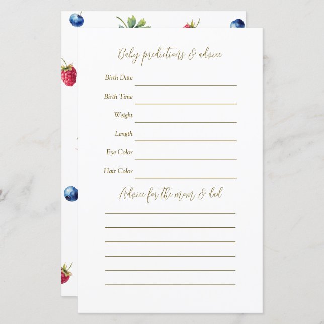 Vatercolor Berry Sweet Baby Shower Guessing Game (Fram/baksida)