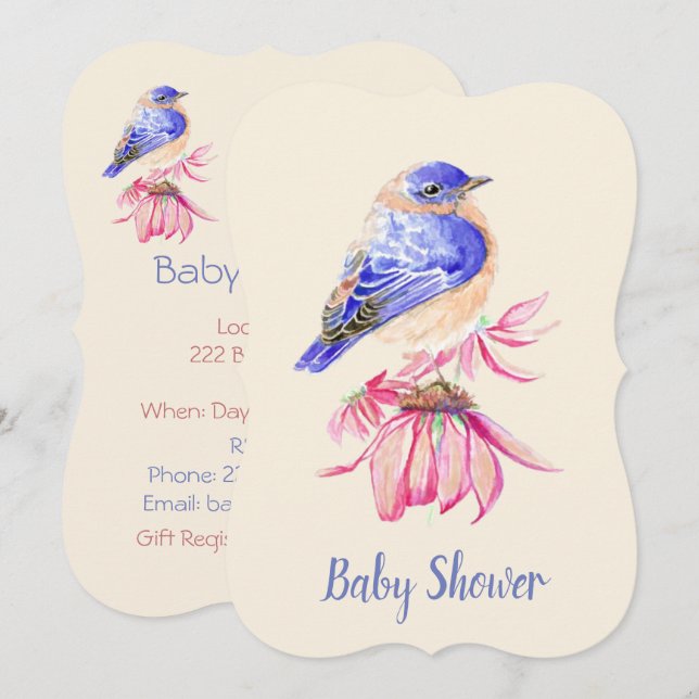 Vatercolor Bluebird Boy eller Girl Baby Shower Inbjudningar (Fram/baksida)