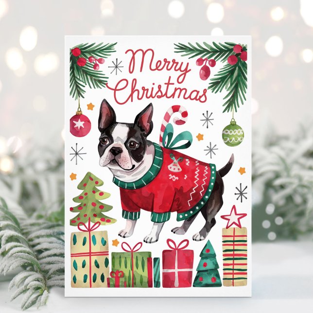 Vatercolor Boston Terrier-julkort Julkort (Boston Terrier Christmas Card)