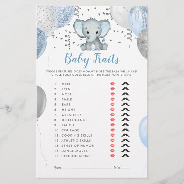 Vatercolor Boy Elephant Baby Traits Shower Game (Framsida)