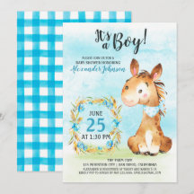Vatercolor Boy Horse Baby Shower-inbjudan till bon
