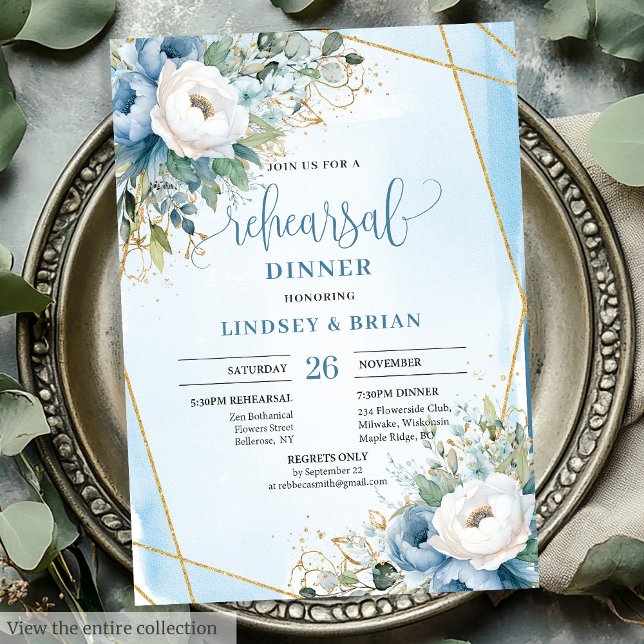 Vatercolor Dusty Blue Blommigt Guld Rehearsal Inbj Inbjudningar (Watercolor Dusty Blue Floral Gold Rehearsal Invite

)