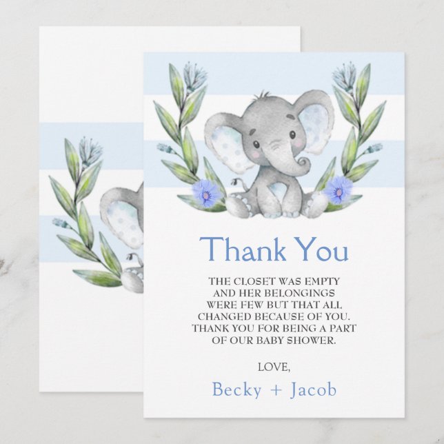 Vatercolor Elephant Boy Baby Shower Tack för ditt  Kort (Fram/baksida)