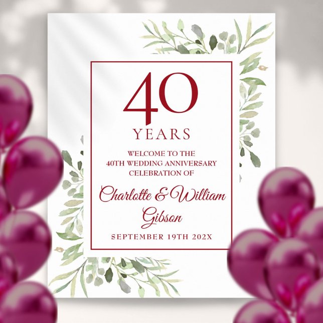Vatercolor Greenery 40-årsjubileum Välkomna Poster (Watercolor Greenery 40th Anniversary Welcome Poster)