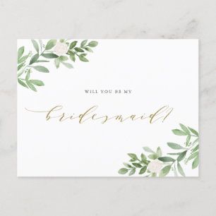 Vatercolor Greenery, blir du min Bridesmaid Meddelande Vykort