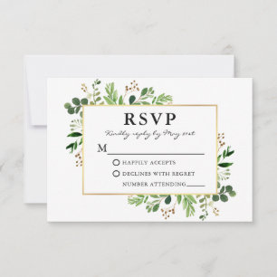Vatercolor Greenery Eucalyptus Guld Ram Bröllop OSA Kort