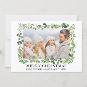 Vatercolor Greenery Guld Ram Fotojul Julkort