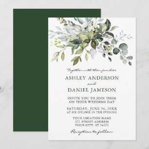 Vatercolor Greenery Modern Elegant bröllop Inbjudningar