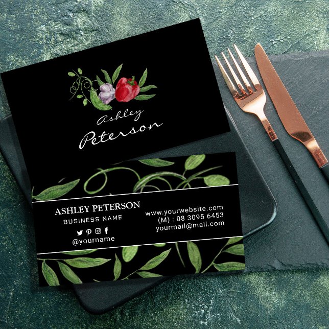 Vatercolor Healthy köksträdgård Visitkort (Watercolor Peas Healthy Square Business Card #foodbusinesscard #chef #vegetables #dark#zazzlemade)