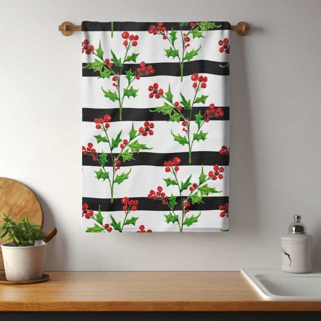 Vatercolor jul Holly Modern Rand Mönster Kökshandduk (Skapare uppladdad)