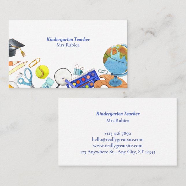 Vatercolor Kindergarten Teacher Visitkort (Fram/baksida)