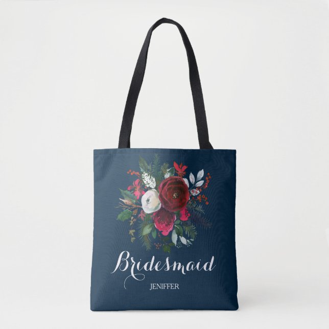 Vatercolor navy red bouquet bröllop bridesmaid tygkasse (Framsida)