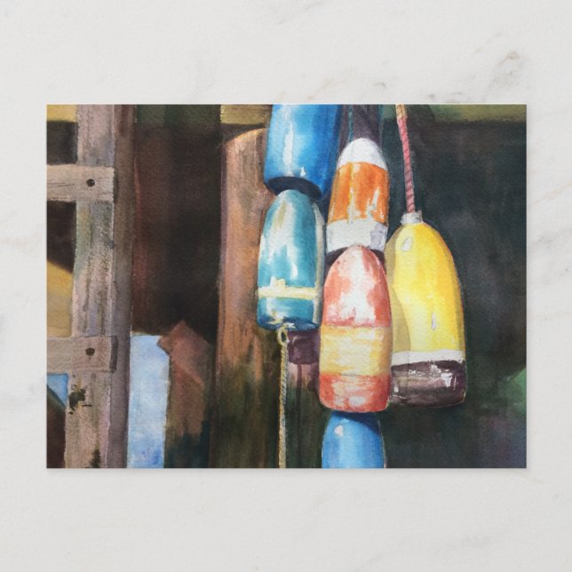 Vatercolor New England Lobster Buoys Postcard Inbjudan Vykort (Framsida)
