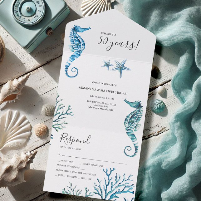 Vatercolor Seahorse 50:e Bröllop-årsdagen (50th wedding anniversary invitations with rsvp watercolor beach Victoria Grigaliunas DoTellABelle )