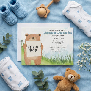 Vatercolor söt Bear Det är en pojkbabyskabare Inbjudningar