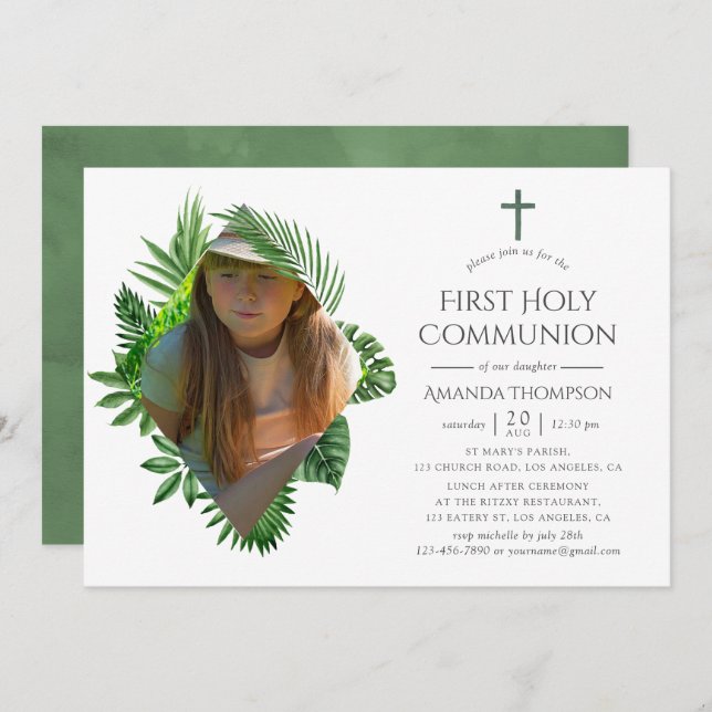 Vatercolor Tropical Summer First Heliga Communion Inbjudningar (Fram/baksida)