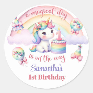Vatercolor Unicorn Girl 1st Birthday magi regnbåge Runt Klistermärke