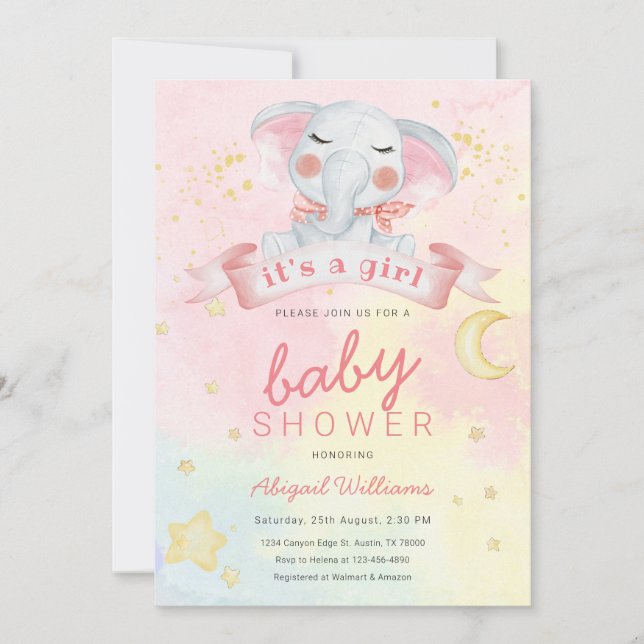 Vaterfärgselefant flicka med stjärnor, babydusch inbjudningar (Framsida)