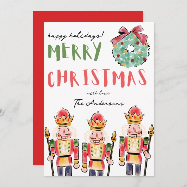 Vaterfärgsfesten Hand plockade Nutcracker Jul Julkort (Fram/baksida)