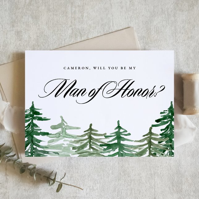 Vaterfärgsskog blir du min hedersman inbjudan vykort (Customizable woodland Will You Be My Man of Honor card featuring watercolor enchanted forest.)