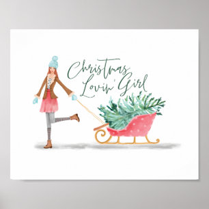 Vaterolor jul Lovin' Girl Pulling Sleigh Poster