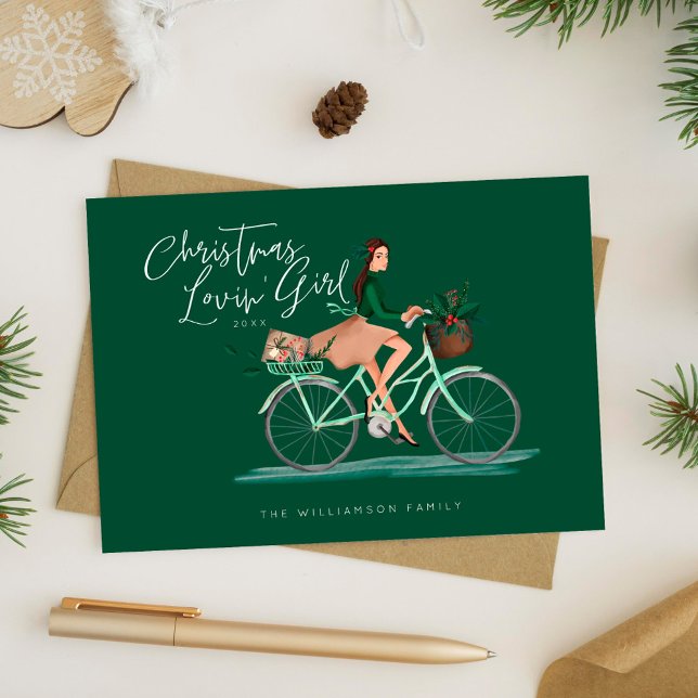 Vaterolor jul Lovin'Girl Riding A Bicycle Julkort (Waterolor Christmas Lovin' Girl Riding A Bicycle Holiday Card)