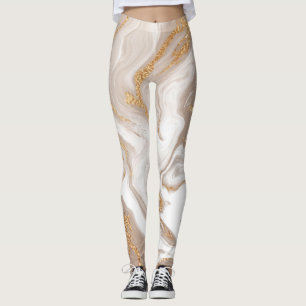 Vätmarmor i Beige, guld konst. Leggings