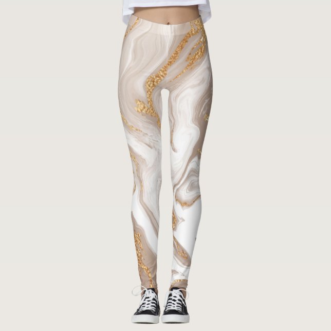 Vätmarmor i Beige, guld konst. Leggings (Framsida)