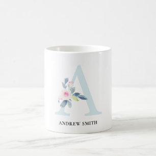 VÄTSKA BLUE-BLOMMIGT ALFABETER NAMN BREV A KAFFEMUGG