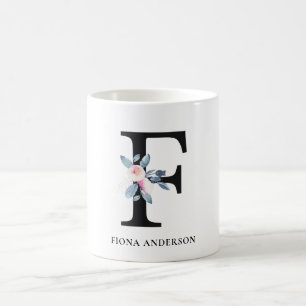VÄTSKA  BLUE-BLOMMIGT ALFABETER NAMN BREV F KAFFEMUGG