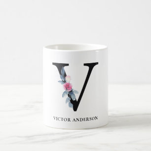 VÄTSKA  BLUE-BLOMMIGT ALFABETER NAMN BREV F KAFFEMUGG