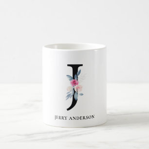 VÄTSKA BLUE-BLOMMIGT ALFABETER NAMN BREV J KAFFEMUGG