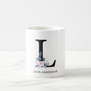 VÄTSKA BLUE-BLOMMIGT ALFABETER NAMN BREV L KAFFEMUGG