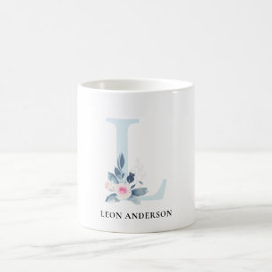 VÄTSKA BLUE-BLOMMIGT ALFABETER NAMN BREV L KAFFEMUGG