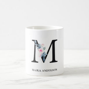 VÄTSKA  BLUE BLOMMIGT ALFABETER NAMN BREV M KAFFEMUGG