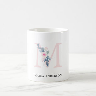 VÄTSKA  BLUE BLOMMIGT ALFABETER NAMN BREV M KAFFEMUGG
