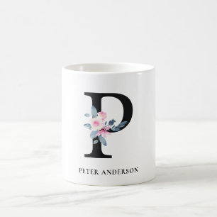 VÄTSKA BLUE-BLOMMIGT ALFABETER NAMN BREV P KAFFEMUGG