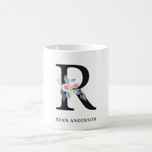 VÄTSKA BLUE-BLOMMIGT ALFABETER NAMN BREV R KAFFEMUGG