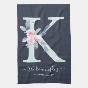 VÄTSKA  BLUE NAVY BLOMMIGT ALFABETER BREV K KÖKSHANDDUK