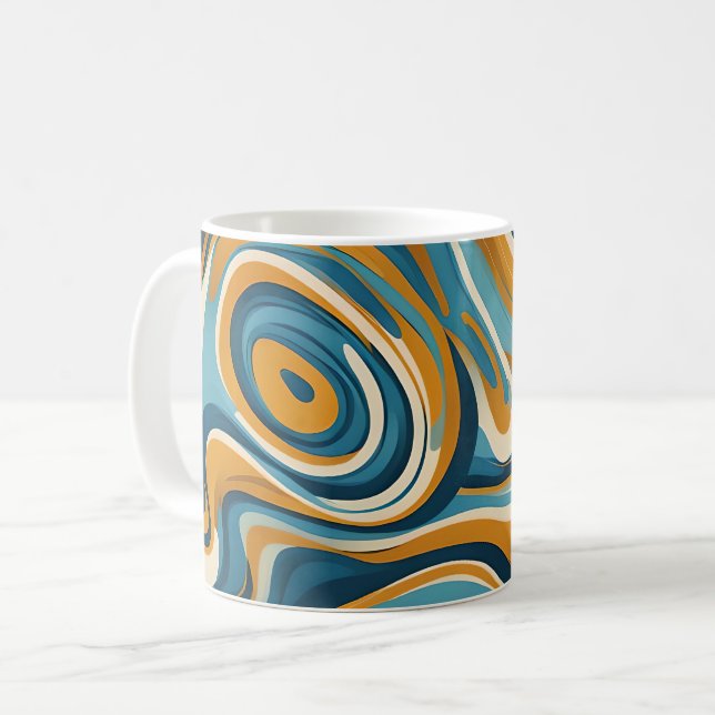 Vätska Swirl Ochre Blue Trippy Mönster Kaffemugg (Framsida vänster)