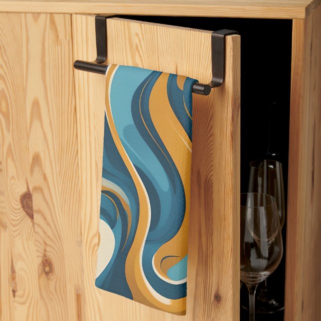 Vätska Swirl Ochre Blue Trippy Mönster Kökshandduk (Thirds Fold)