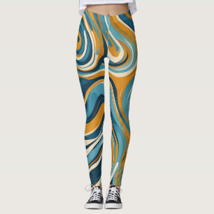 Vätska Swirl Ochre Blue Trippy Mönster Leggings