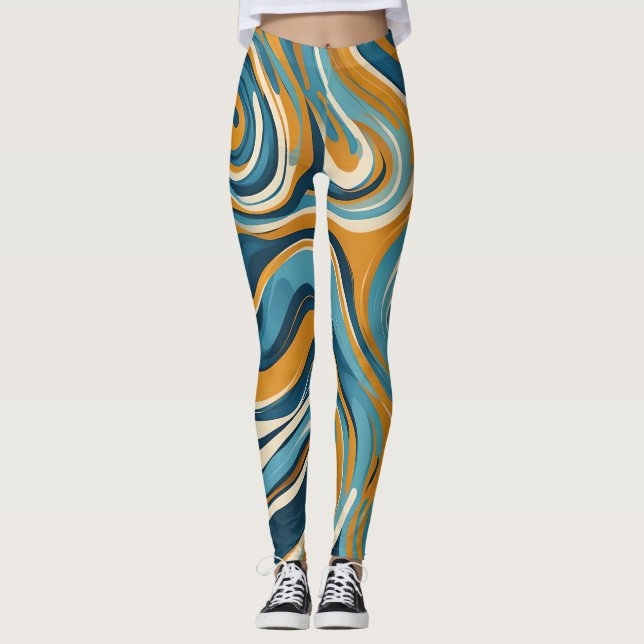Vätska Swirl Ochre Blue Trippy Mönster Leggings (Framsida)