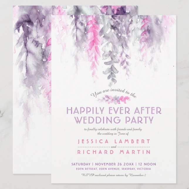 Vätskefärgade vinstockar indigo efter bröllopsfest inbjudningar (Fram/baksida)