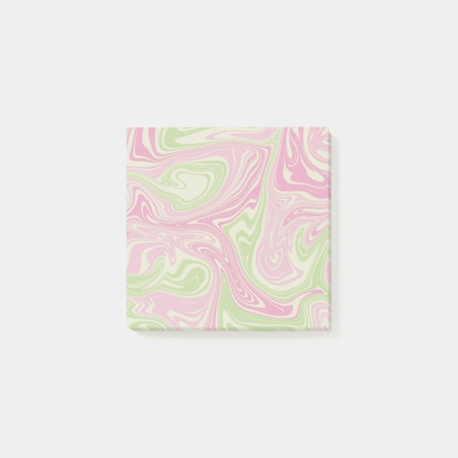 Vätskekvivalent Swirl-Grönt Rosa Mönster Post-it Block (Framsida)