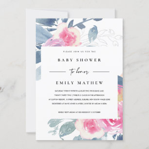 VÄTSKT BLUE BLOMMIGT VATTENFÄRGBABY SHOWER INBJUDNINGAR