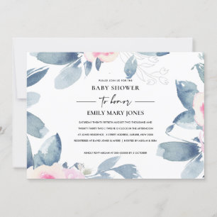 VÄTSKT BLUE BLOMMIGT VATTENFÄRGBABY SHOWER INBJUDNINGAR