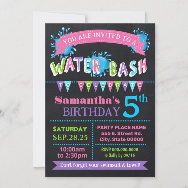 Vatten Birthday Bash Sommar Party Chalkboard-rosa Inbjudningar (Framsida)